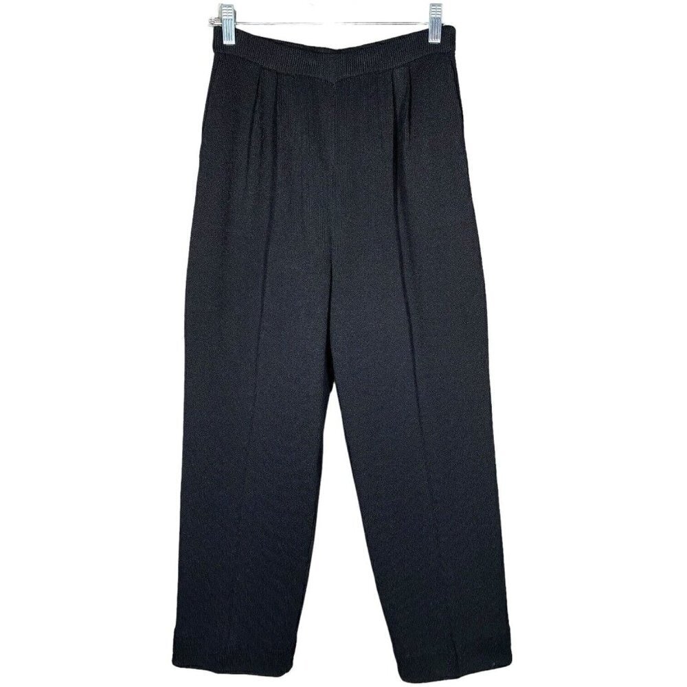 St John Black Santana Knit Pants Cropped Pleated Trouser Pockets Pull On
